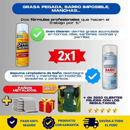 KIT LIMPIADOR ( 1 OVEN + 1 ESPUMA + 3 PAÑOS) + 1 REGALO