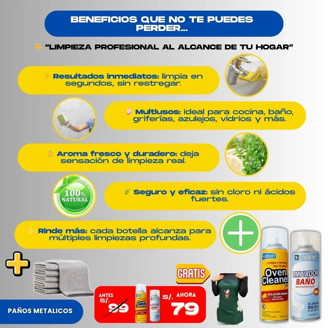 KIT LIMPIADOR ( 1 OVEN + 1 ESPUMA + 3 PAÑOS) + 1 REGALO