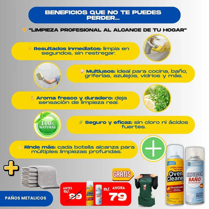 KIT LIMPIADOR ( 1 OVEN + 1 ESPUMA + 3 PAÑOS) + 1 REGALO